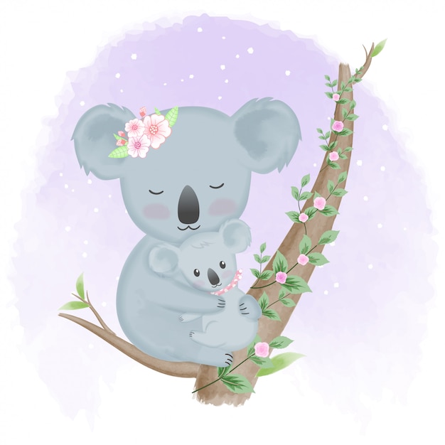 Schattige Baby Koala En Moeder Op De Boom Premium Vector