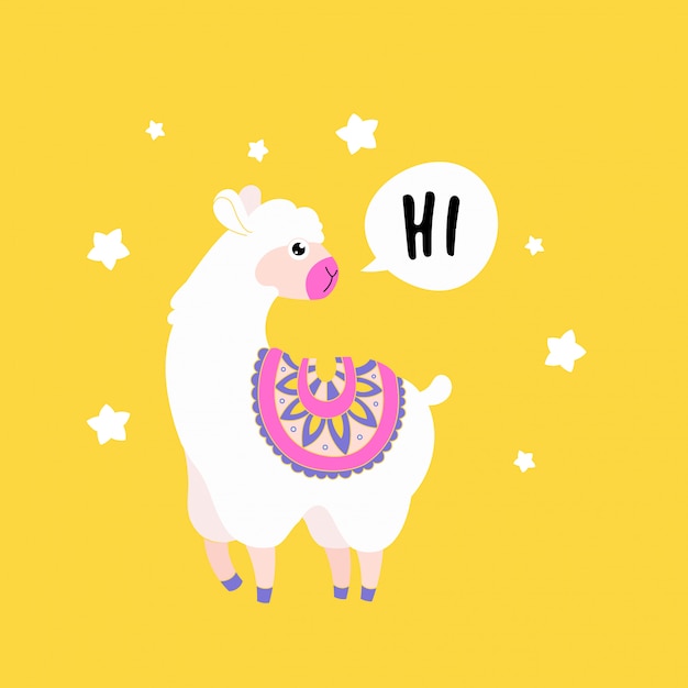 Schattige fluffy lama alpaca zeg hallo. grappige dierenprintkaart. Premium Vector