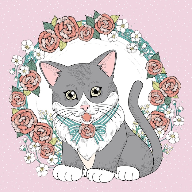 Schattige Kat Kleurplaat Met Bloemenkrans In Prachtige Lijn Premium Vector