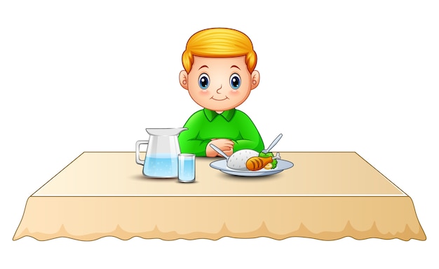 Schattige Kleine Jongen Cartoon Eten Op De Eettafel Premium Vector