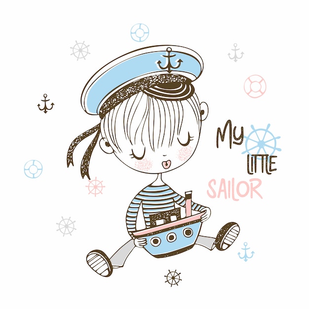 Schattige kleine matroos jongen in cap met speelgoed boot. Premium Vector