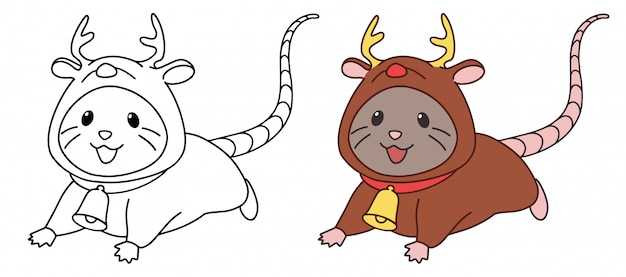 Schattige kleine muis met hertenkostuum. contour vector illustratie geïsoleerd op een witte achtergrond. Premium Vector