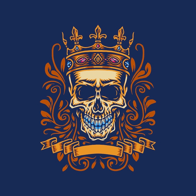 Schedel met koningskroon, hand getrokken lijn met digitale kleur, illustratie Premium Vector