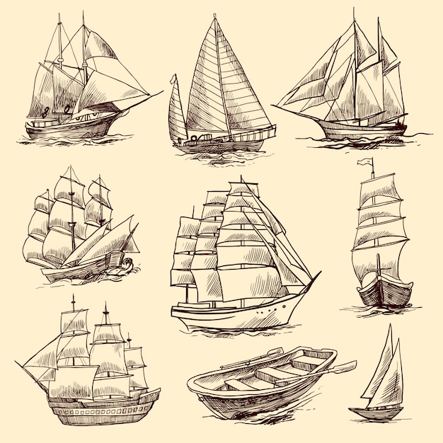 Schepen en boten schetsset Premium Vector