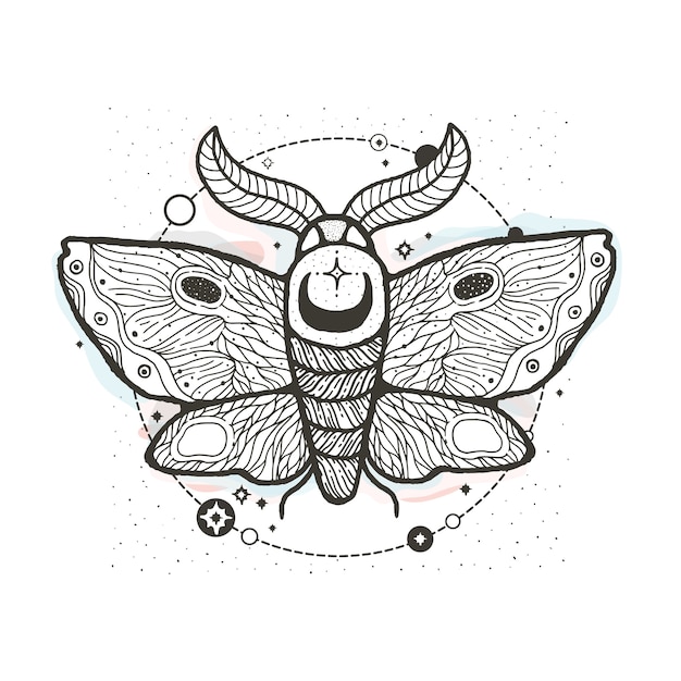 Schets grafische illustratie mooie nachtvlinder met mystieke en occulte hand getekende symbolen. Premium Vector