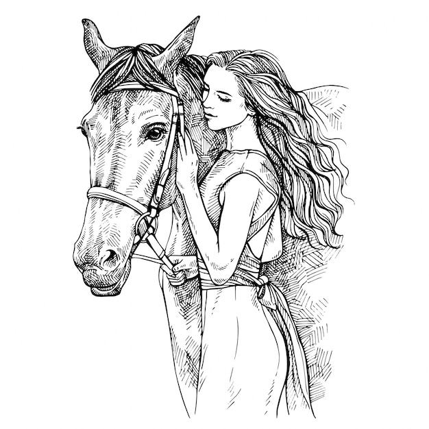 Schets Vrouw En Paard Jonge Vrouw Die Een Paard Streelt Schoonheid Met Paard Hand Getekende Inkt Illustratie Premium Vector