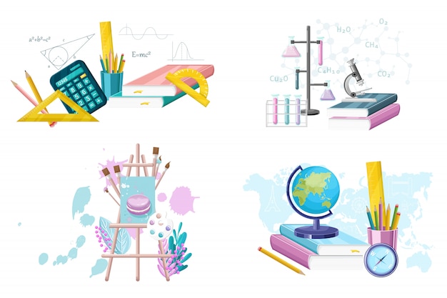 School set levert collectie. wiskunde. aardrijkskunde, scheikunde en schilderbenodigdheden instellen vlakke stijl. hoofd gerechten Premium Vector