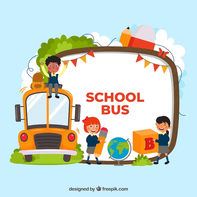 Schoolbus en kinderen met een plat ontwerp Gratis Vector
