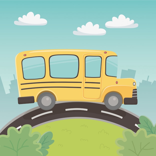 Schoolbusvervoer in het landschap Gratis Vector