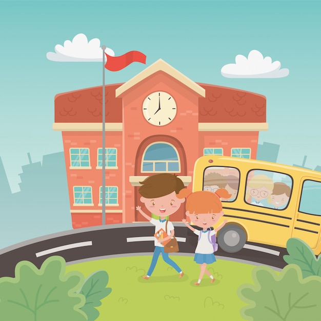 Schoolgebouw en bus met kinderen in de scene Gratis Vector