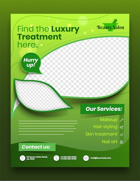 Schoonheidssalon sjabloon of folder met gegeven diensten en copyspace op groen. Premium Vector