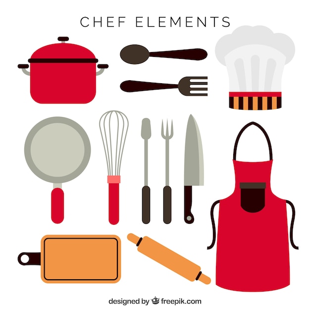 Schort en andere chef-kok items in platte ontwerp Gratis Vector