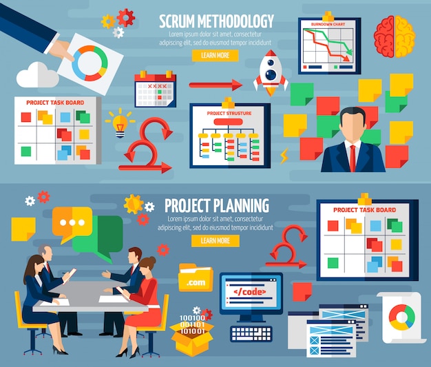 Scrum agile 2 vlakke bannersets Gratis Vector