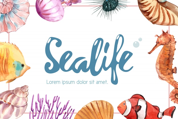 Sealife-themakader met overzees dierlijk concept, creatieve waterverfillustratie. Gratis Vector