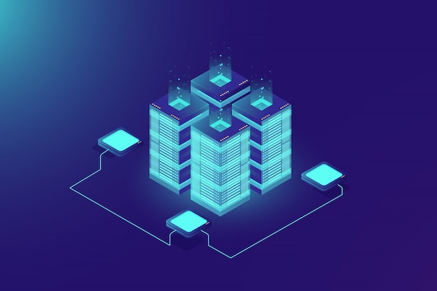 Serverruimte-rack, blockchain-technologie, token api-toegang, datacenter Gratis Vector