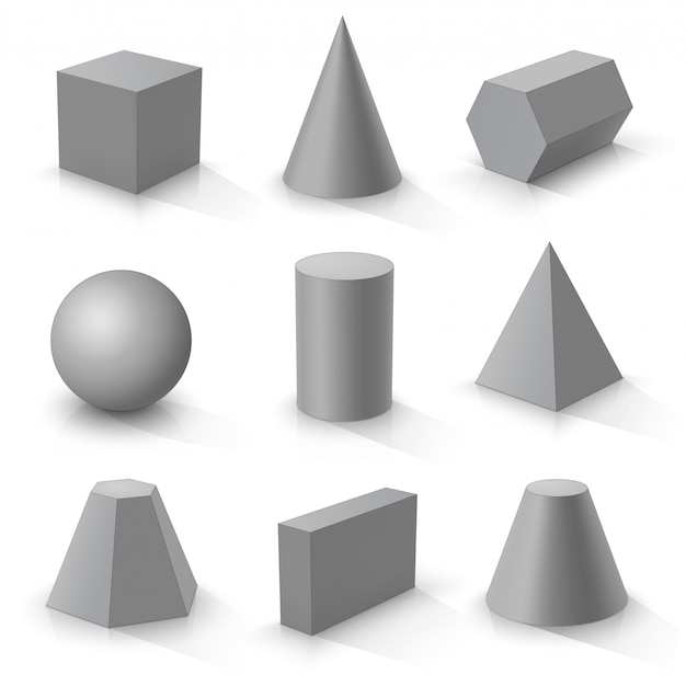 Set basis 3d-vormen, grijze geometrische lichamen op een witte achtergrond Premium Vector