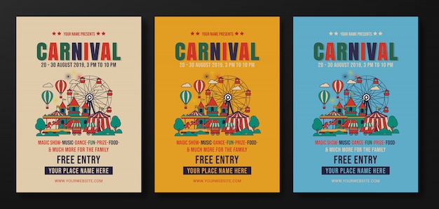 Set carnaval feest folder sjabloon, retro plat ontwerp Premium Vector