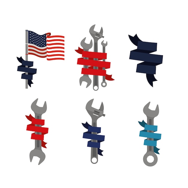 Set elementen symbool happy labour day with ribbon decorative Premium Vector