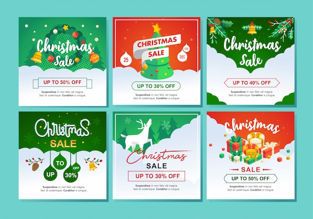 Set isometrische illustratie van chirstmas verkoop en winterkorting met 30 tot 50 procent kortingsprijs Premium Vector