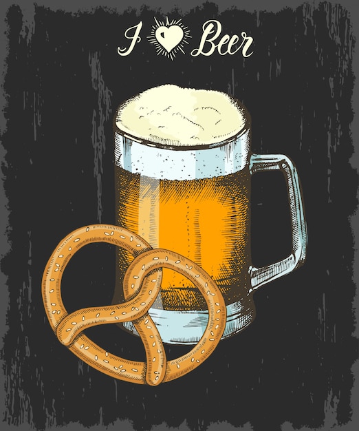 Set met hand getrokken beker bier en krakeling. handgemaakt belettering. schetsen. oktoberfest-objecten Premium Vector