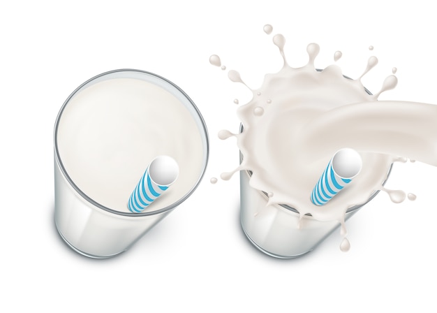 Set met twee realistische glazen gevuld met melk, room of yoghurt, met melkachtige plons en drankje Gratis Vector