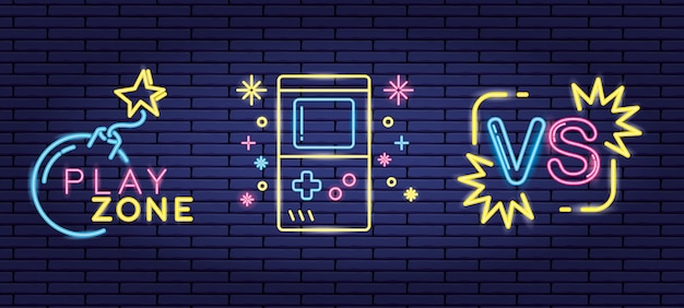 Set objecten gerelateerd aan videogames in neon- en lienal-stijl Gratis Vector