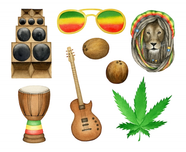 Set reggaemuziek elementen Premium Vector