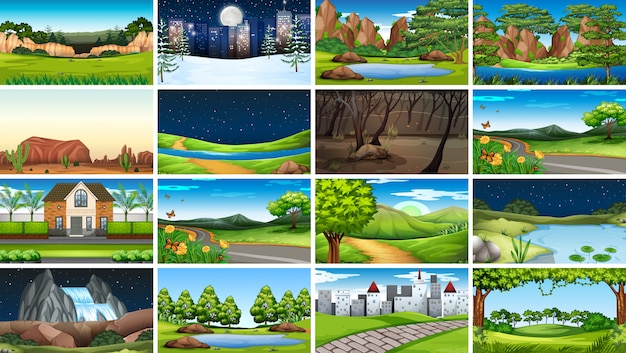 Set scènes achtergrond in de natuur instelling Gratis Vector