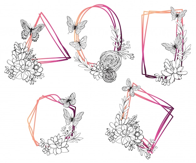 Set sier vintage frames. hand getrokken inkt illustratie op witte achtergrond Premium Vector