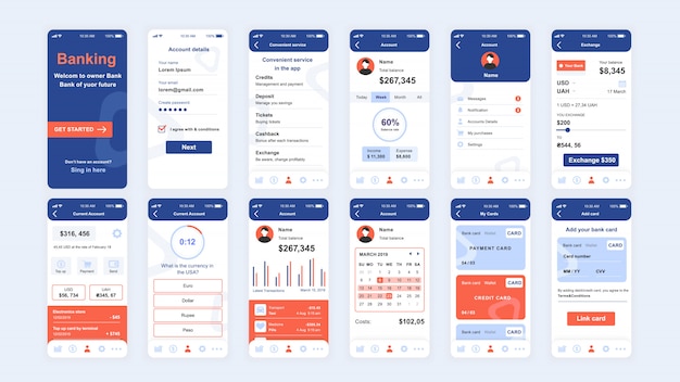 Set ui-, ux-, gui-schermen platte app voor bankieren Premium Vector