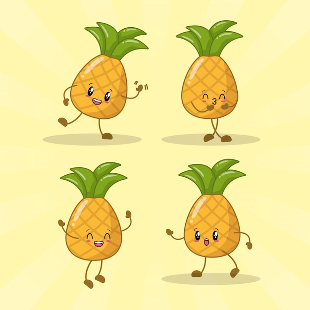 Set van 4 kawaii ananas met verschillende vrolijke uitdrukkingen