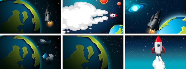 Set van aarde- en raketscènes Gratis Vector
