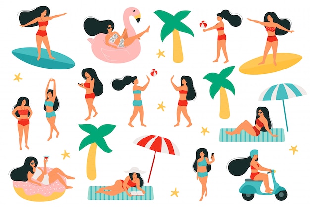Set van activiteit vrouwen op het strand. vrouwen op de zwemring, de vorm van een flamingo en een donuts. speel met een strandbal. rijdt op een scooter. surfing Premium Vector