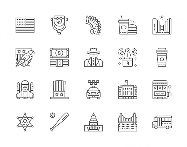 Set van amerikaanse cultuur lijn iconen. bald eagle, cowboys, schoolbus, fast food, sheriff star badge, casino, honkbalknuppel en meer. Premium Vector