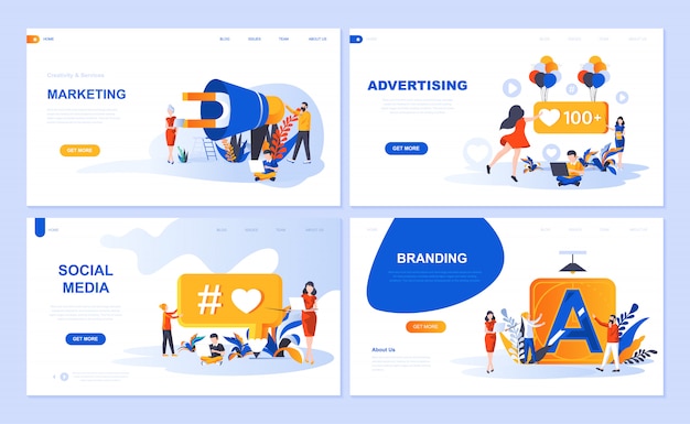 Set van bestemmingspagina sjabloon voor digitale marketing, reclame, sociale media, branding Premium Vector
