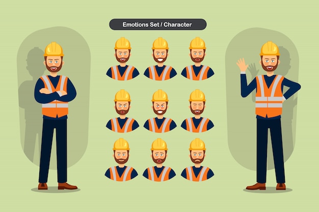 Set van bouwers man verschillende gezichtsuitdrukkingen. Premium Vector