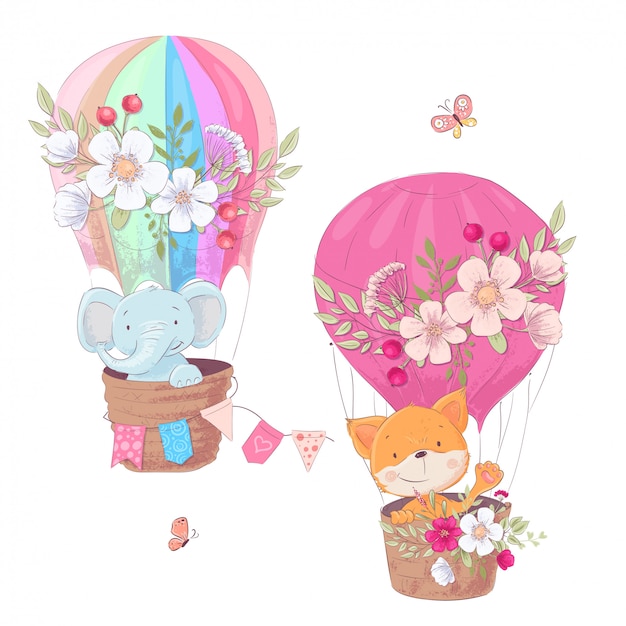 Set van cartoon schattige dieren vos en olifant ballon kinderen clipart. Premium Vector