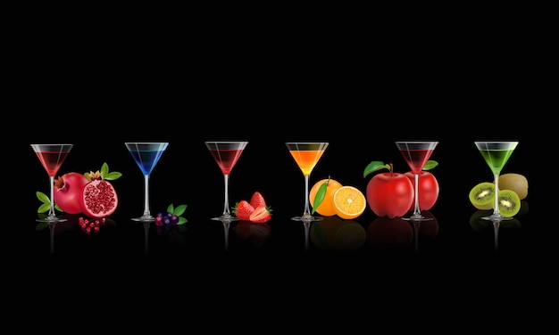 Set van drank, sappig vers fruit voor gezond in de zomer. vectorillustratie Premium Vector