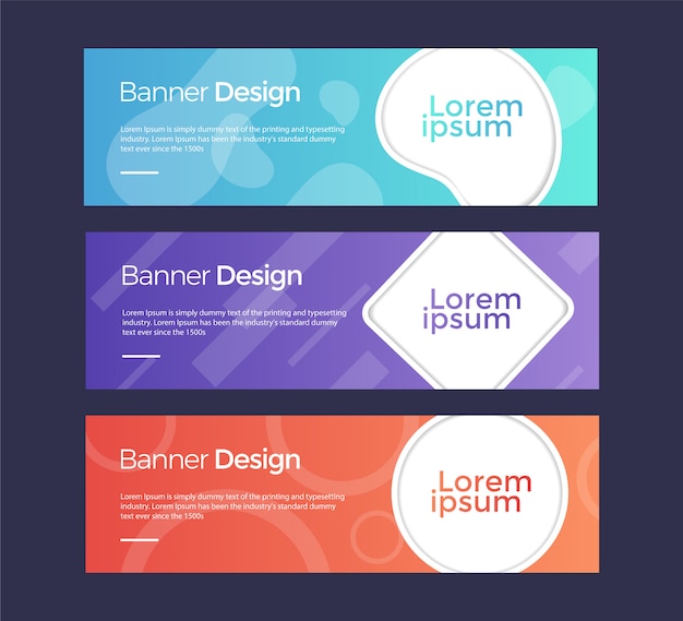 Set van horizontale banners universeel sjabloon voor een website met tekst, knoppen en transparante elementen. Premium Vector