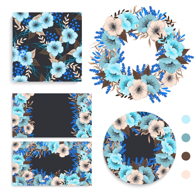 Set van kaart met bloemen, bladeren. bruiloft sieraad. floral magazine, poster, uitnodigen. Gratis Vector
