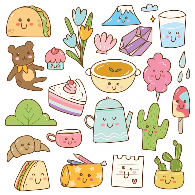 Set van kawaii doodles, leuke stickers, mode-patches Premium Vector