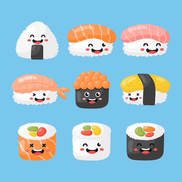 Set van leuke grappige sushi en sashimi cartoon. japans eten kawaii stijl geïsoleerd. illustratie vector. Premium Vector
