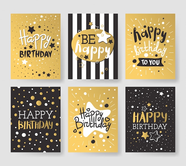Set van luxe verjaardagskaarten versierd met kleurrijke ballonnen, sterren, stippen, lijnen Premium Vector