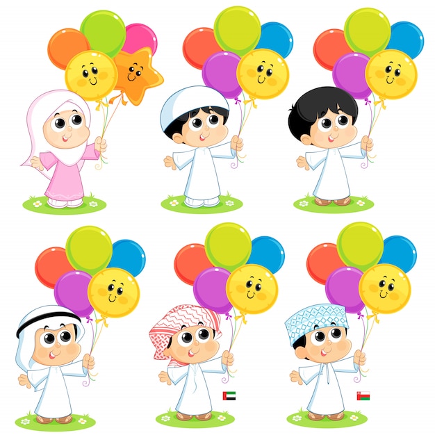 Set van moslimkinderen vieren eid en dragen kleurrijke ballonnen Premium Vector