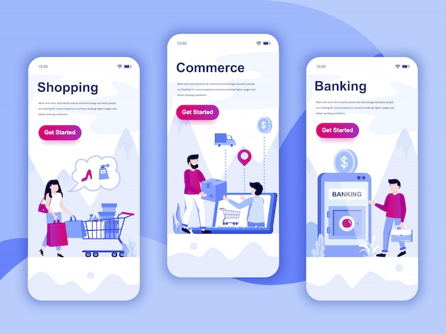 Set van onboarding schermen gebruikersinterfacekit Premium Vector
