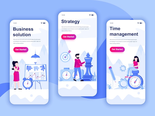 Set van onboarding schermen gebruikersinterfacekit Premium Vector