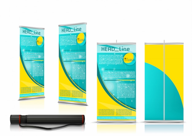 Set van roll-up banners, verticale stands met papieren doeken geïsoleerd op de achtergrond. Gratis Vector