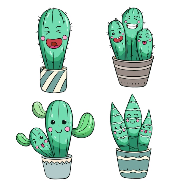 Set van schattige cactus met kawaii gezicht of expressie Premium Vector