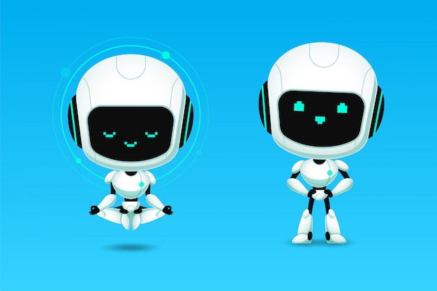 Set van schattige robot ai karakter meditatie en vertrouwen actie Premium Vector