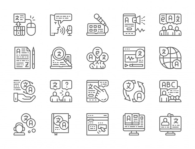 Set van taal vertaallijn iconen Premium Vector